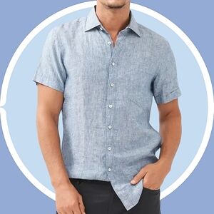 Lightweight Short Sleeve Button Up Shirt Linen Like Light Wash